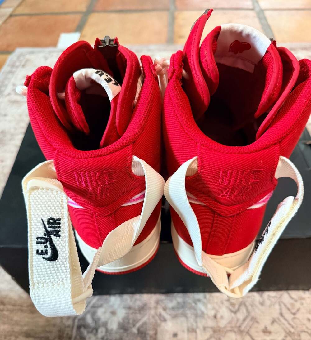 Nike Air Force 1 High x Emotionally Unavailable 'Heart' Red Canvas Sneakers - Picture 7 of 13